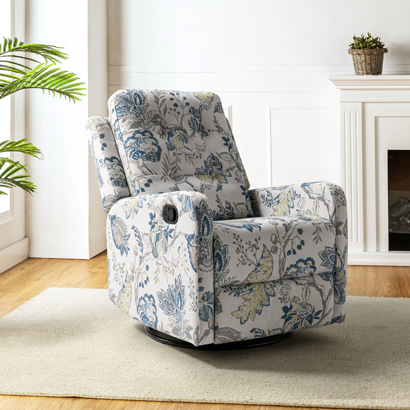 Prescot 26.7 Wide Floral Manual Swivel Rocker Recliner Blue Polyester Blend